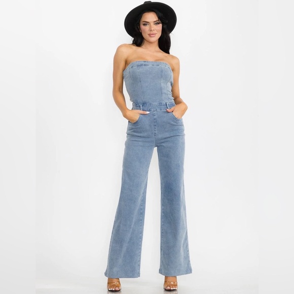 Mandalay and Company Pants - RODEO REBEL STRAPLESS STRETCH WIDE LEG POCKET DENIM JUMPSUIT